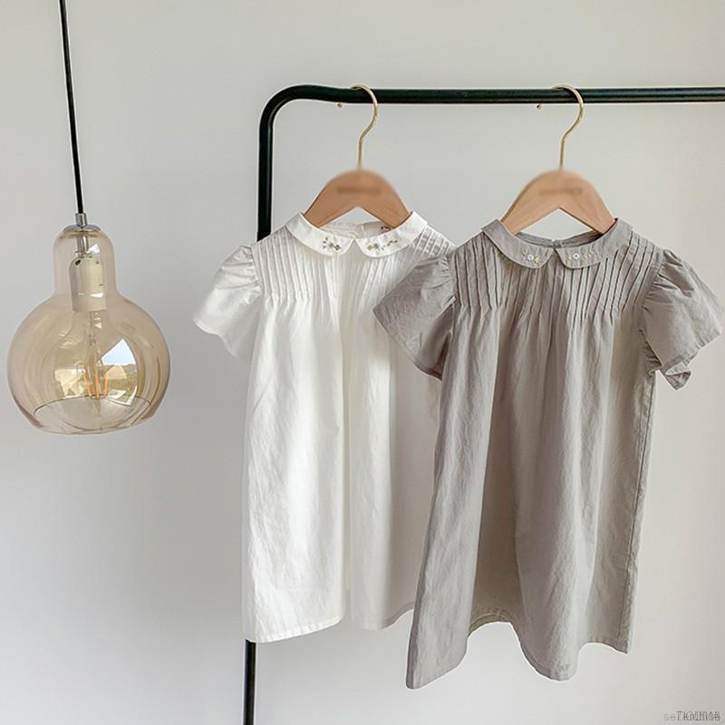 Đầm Phong Cách Hàn Quốc Thêu Viền Cổ Đáng Yêu Cho Bé Gái