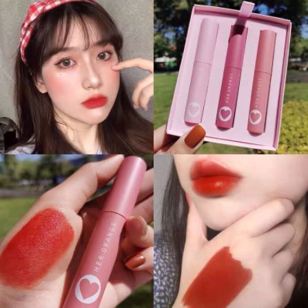 {sẵn hàng}𝙎𝙚𝙩 𝙨𝙤𝙣 𝙃𝙀𝙍 𝙊𝙍𝘼𝙉𝙂𝙀 trái tim 3c x slim lip gloss kit