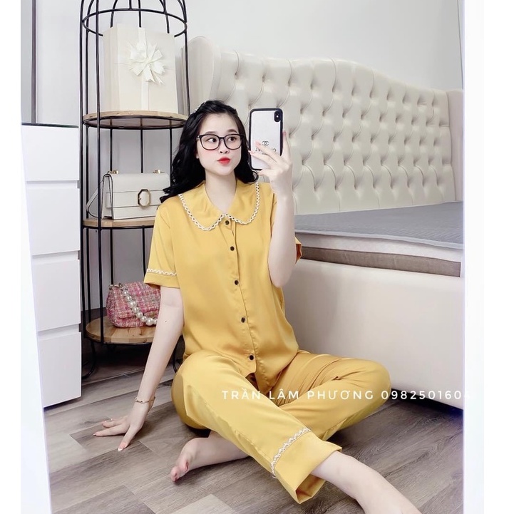 Bộ lụa Pizama tơ ngọc trai viền ren cao cấp pijama Tay ngắn quần dài [HÀNG CHUẨN ĐẸP