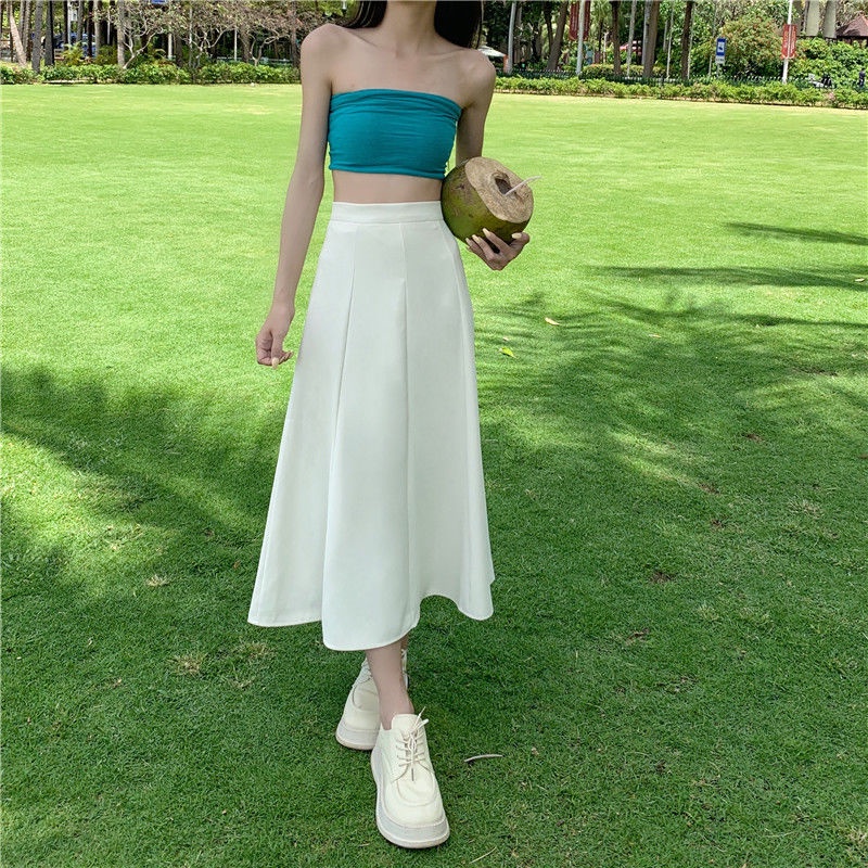 Chân váy eo cao dài trung bình màu trơn dáng chữ A