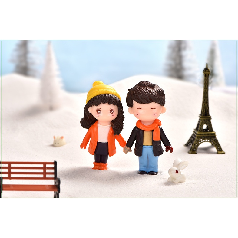 Mô hình đôi bạn mặc áo khoác mùa đông thích hợp trang trí bánh, làm móc khóa, trang trí tiểu cảnh, terrarium, DIY