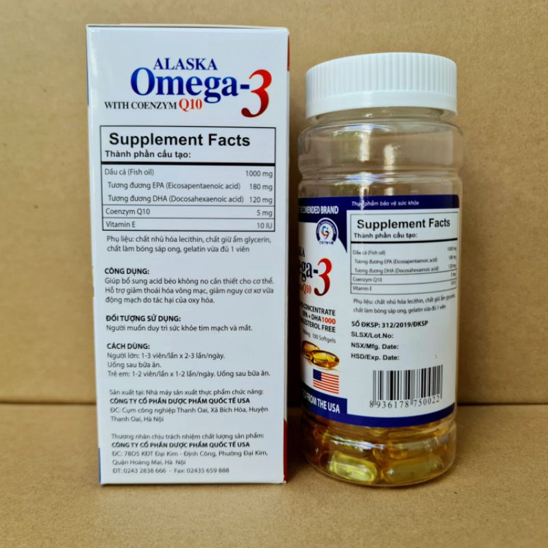 Dầu cá Alaska omega 3 with coenzym Q10 hộp màu trắng gia đình Hộp 100 viên