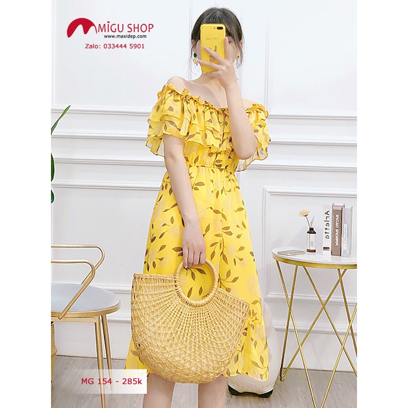 Mẫu đầm maxi đi biển ngắn màu vàng - Migu Shop