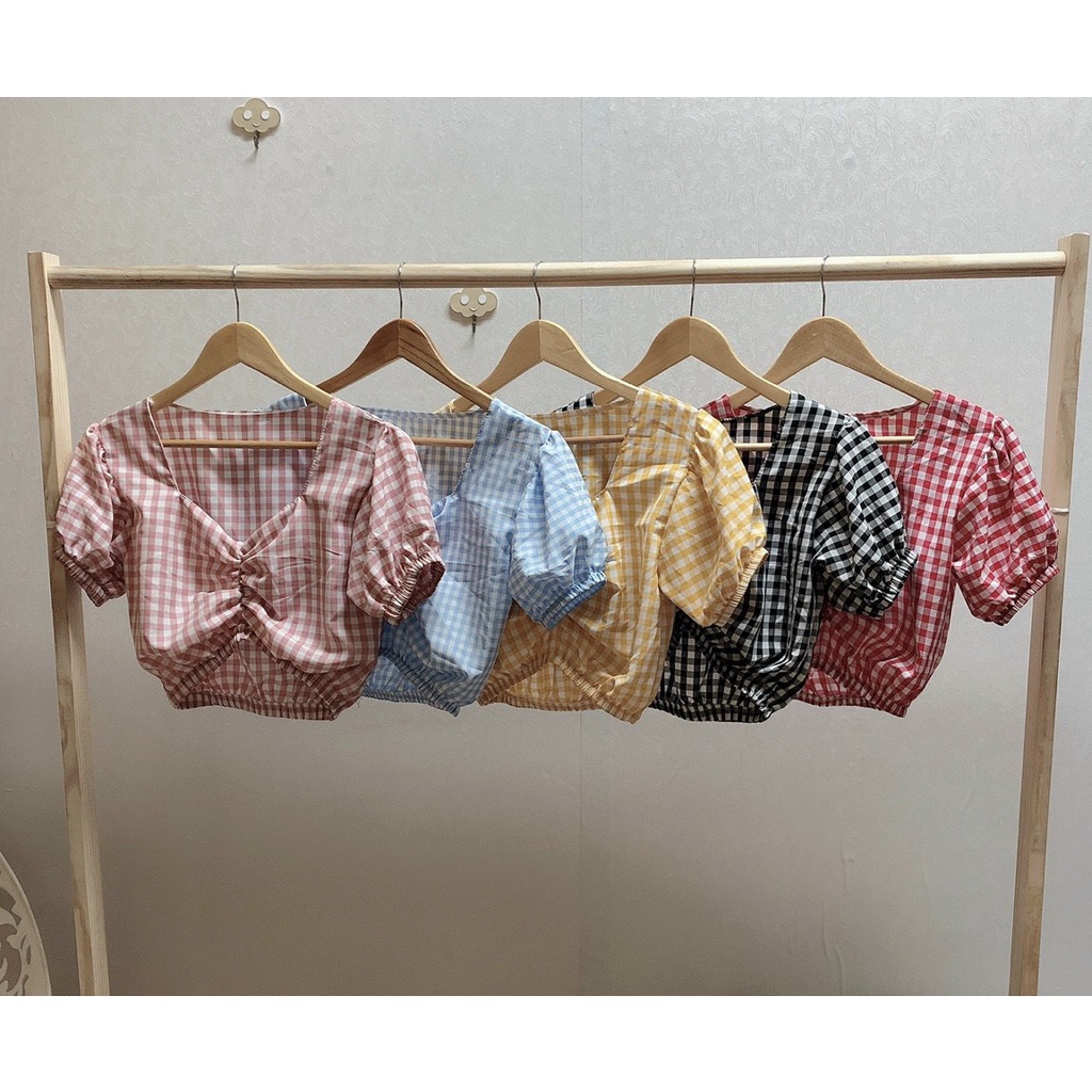 Áo kiểu nữ croptop nữ rút ngực caro xinh xắn chất vải đẹp mềm mại ttgt