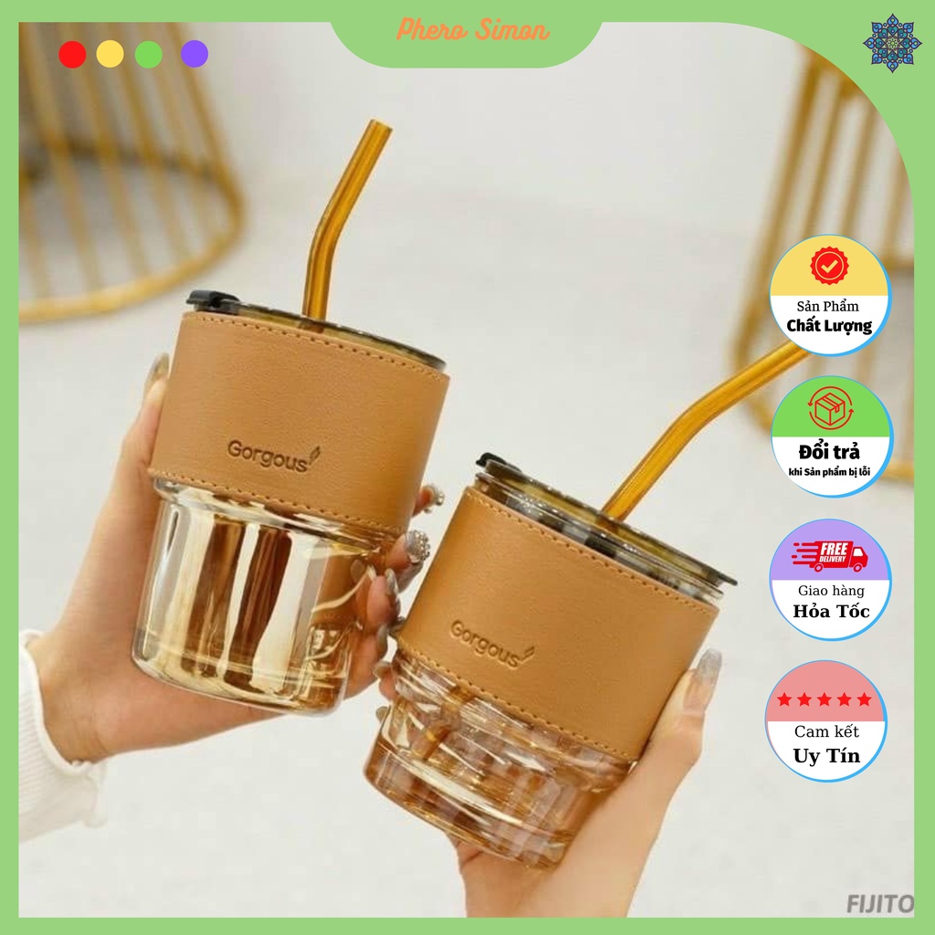 Cốc thủy tinh hổ phách GorGous bọc da sang chảnh chống bỏng có nắp kín kèm cao cấp 450ml