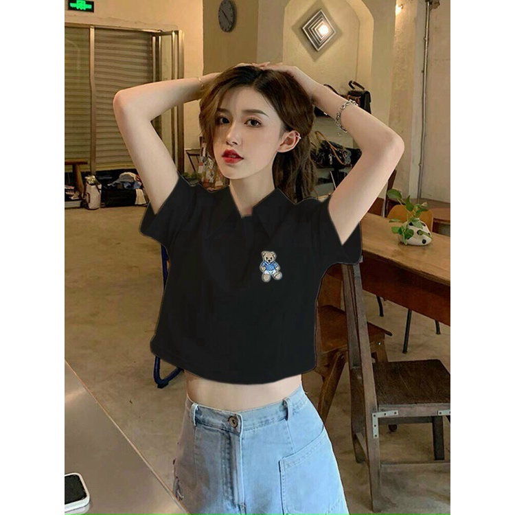 ÁO CROPTOP NỮ CỔ POLO PHỐI CON GẤU MÀU ĐEN MÀU TRẮNG SIÊU MÁT MẺ CỰC PHONG CÁCH BABO HOT HIT THỜI TRANG