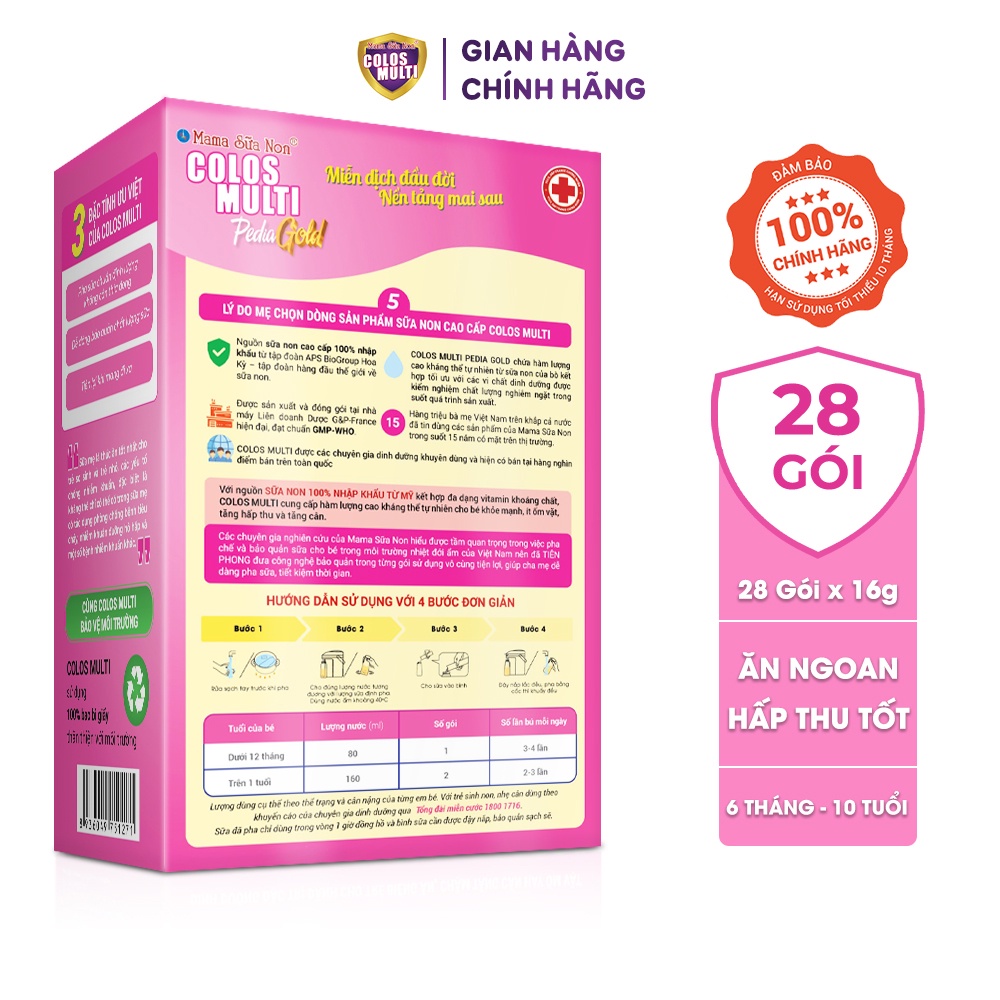 [Quà tặng độc quyền] Sữa non Colosmulti Pedia Gold hộp 28 gói x 16g chuyên biệt hỗ trợ giúp bé ăn ngoan