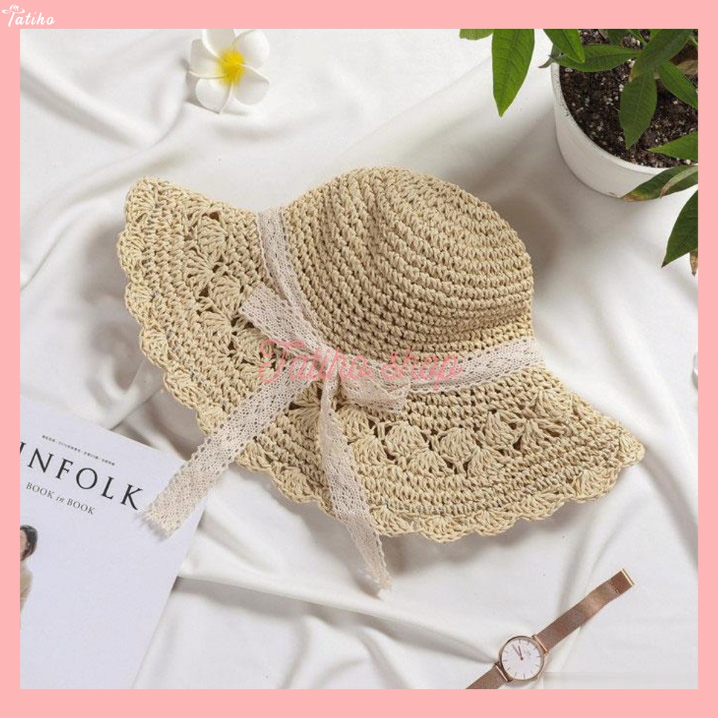 [Hàng Xịn,Giá Tốt] Mũ Cói, Nón Cói Vành Rộng Phối Dây Ren Nơ Đi Biển Rento Phong Cách Nhật Bản - Mã NC009