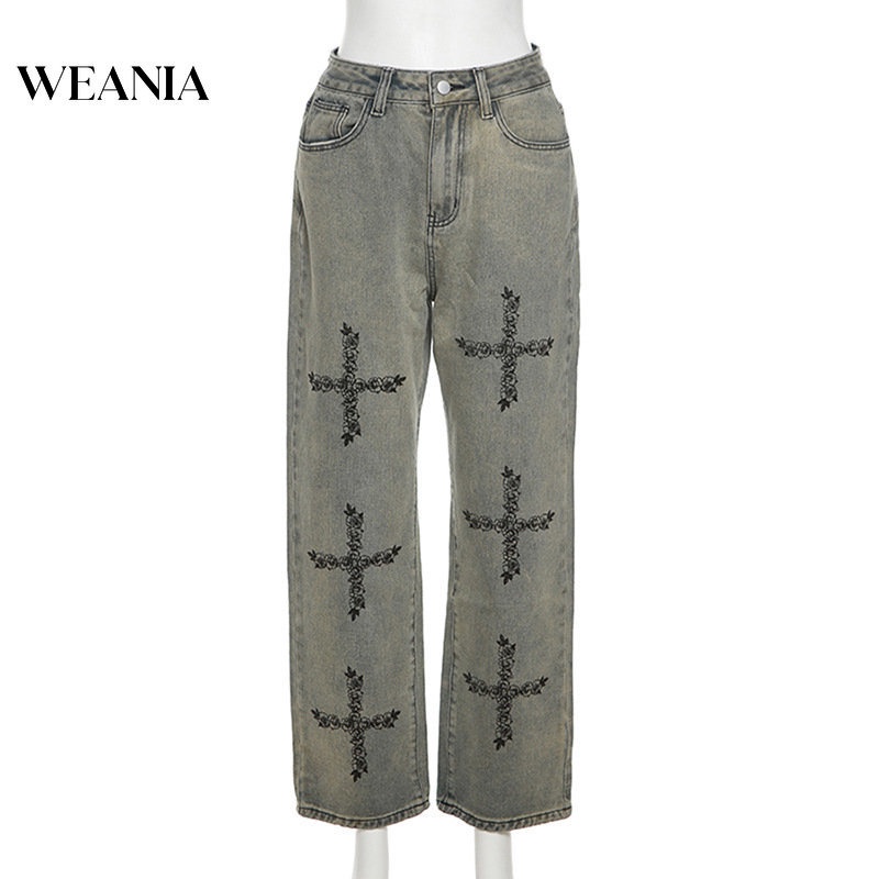 Quần Denim Lưng Thấp Ống Suông Thêu Họa Tiết Phong Cách Vintage Cho Nữ