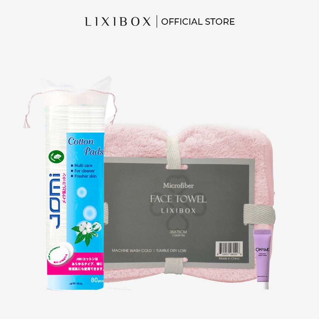 [HB gift] Combo Khăn Mặt Lixibox Light Pink, Bông Tẩy Trang Jomi 80 Miếng và Kem dưỡng Okame Bakuchiol Super Cream 10ml