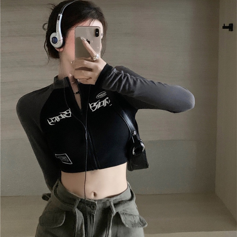 Áo Croptop Tay Dài Cổ Cao Phong Cách Thể Thao