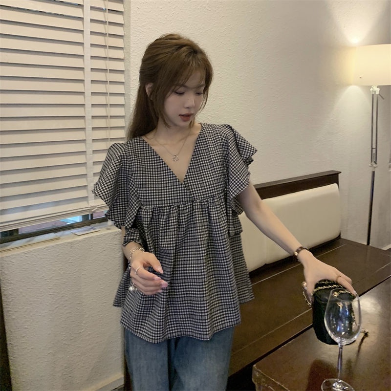 Áo Sơ Mi Tay Cánh Tiên Kẻ Sọc Caro Trắng Đen Dễ Thương Cho Nữ