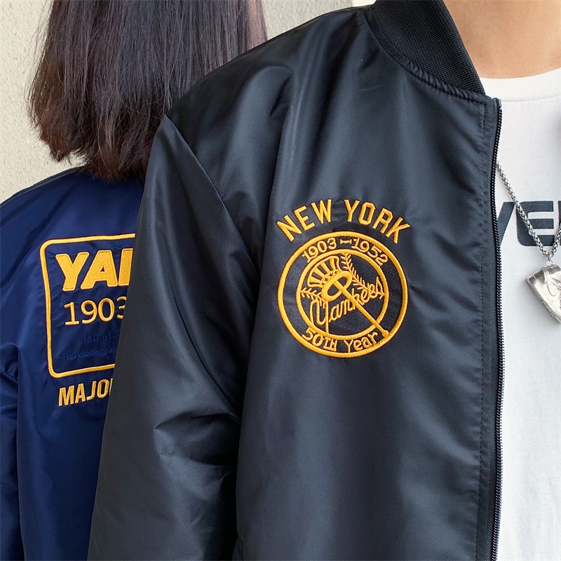 Áo Khoác Bomber Thêu Logo MLB NY Màu Trơn Phối Khóa Kéo Cá Tính Cho Nam Và Nữ