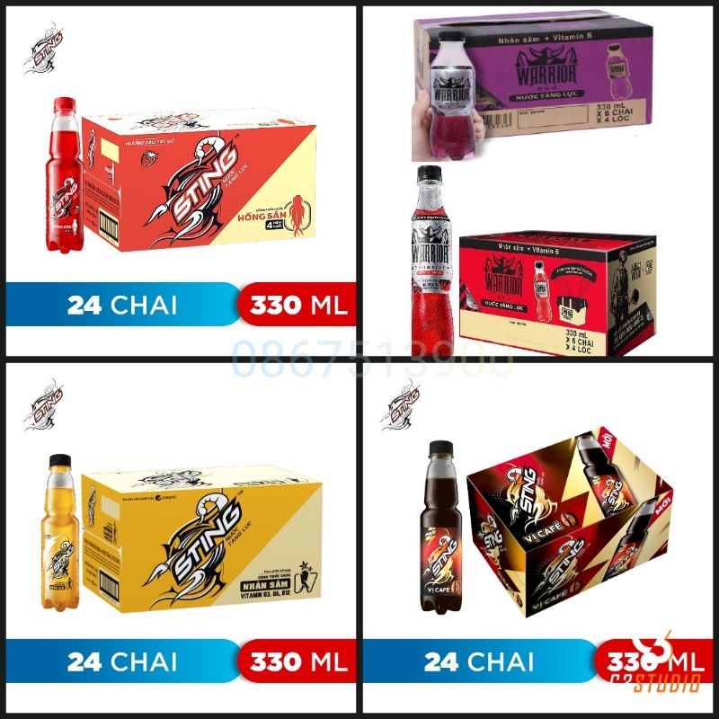 Thùng 24 chai/ lốc 6 chai sting vàng 330ml/ sting đỏ/ sting cà phê/sting vàng lon 320ml/ warrior dâu/ warrior nho