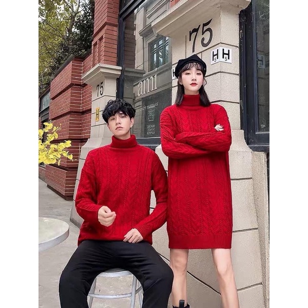 Áo len đôi nam nữ, Áo len cổ lọ đôi màu đỏ. Couple len đỏ.