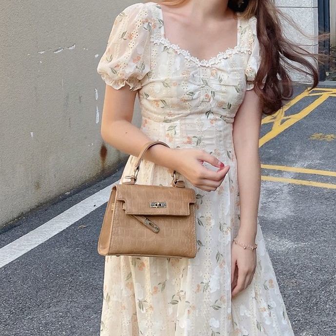Đầm Cổ Vuông Nhấn Eo Họa Tiết Hoa Phong Cách Pháp Cổ Điển Thời Trang Mùa Hè Mới Dành Cho Nữ