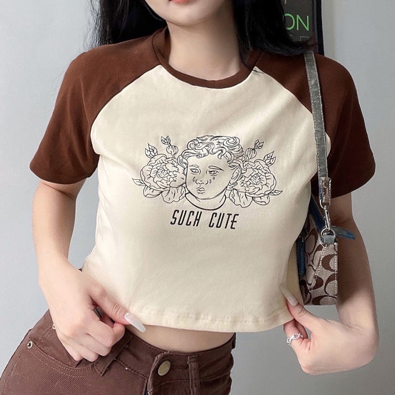 Áo Thun Ngắn Tay In Chữ Màu Sắc Tương Phản Thời Trang Mùa Hè Cho Nữ