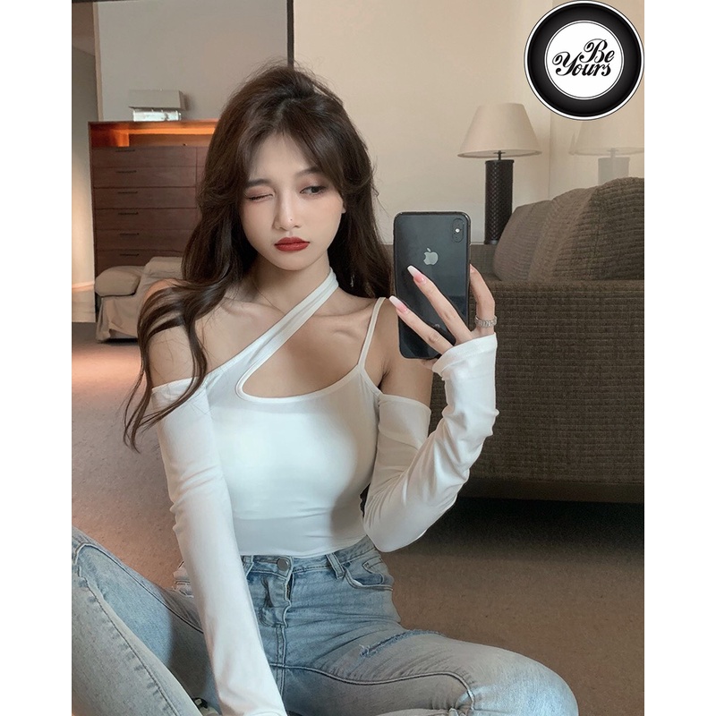 Áo Croptop 2 Dây Hở Vai 1 Bên Bigsize Dài Tay May Hai Lớp Chất Borib 2 Chiều Co Dãn "QUÂY XÉO TD"