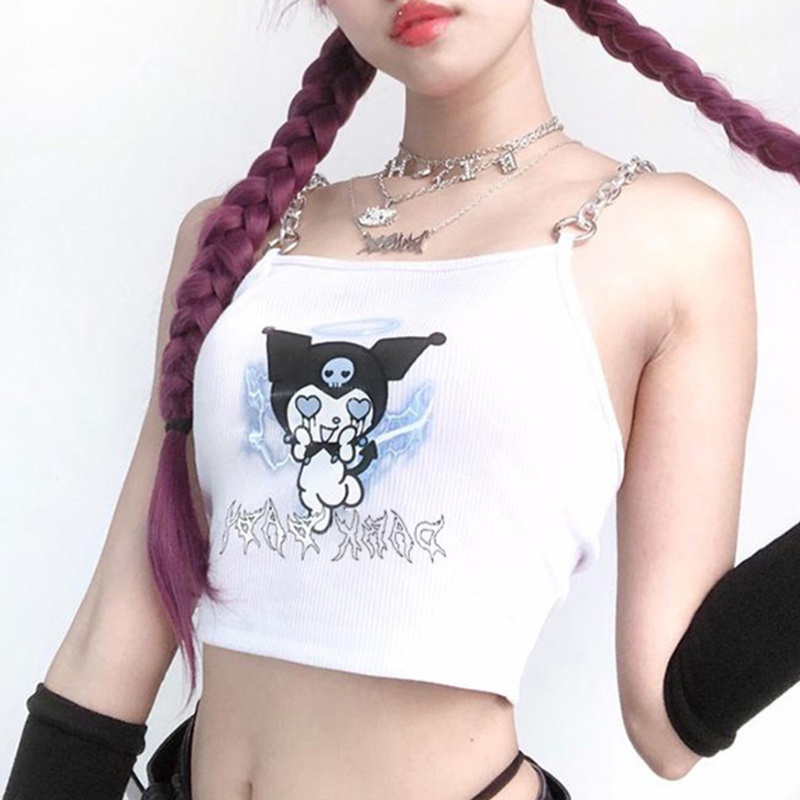 Áo croptop ôm dáng hai dây phối dây xích kim loại in họa tiết ác quỷ anime cho nữ