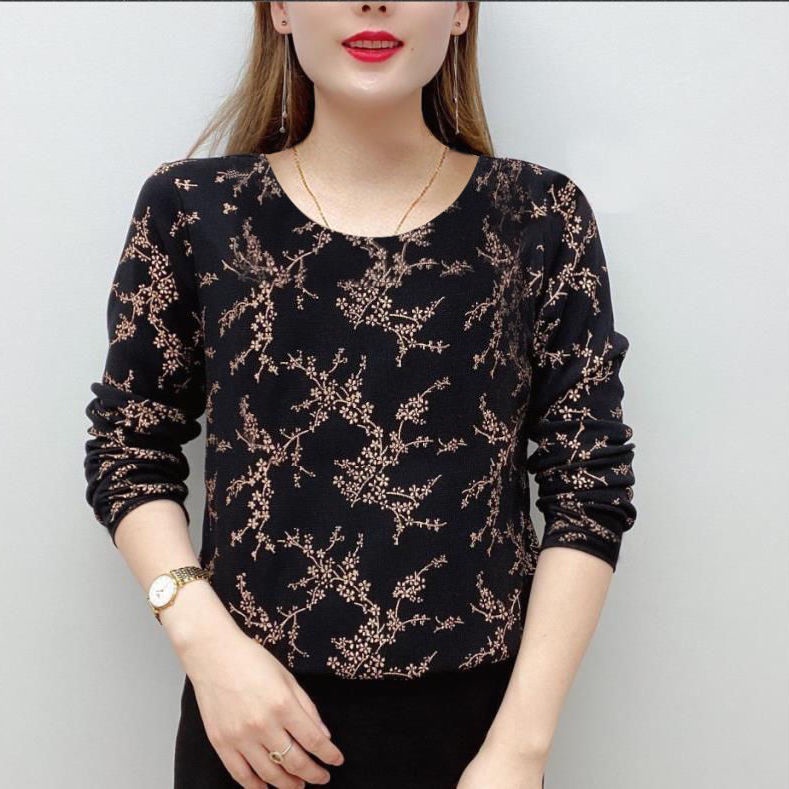 Áo Thun Tay Dài Cổ Tròn Dày Dặn In Họa Tiết Thời Trang Thu Đông Cho Nữ Trung Niên
