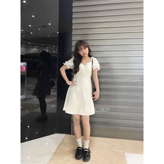 Đầm ker hoa cổ vuông 3 nút tay ngắn, nhún ngực [2YOUNG] D701 (ảnh thật)