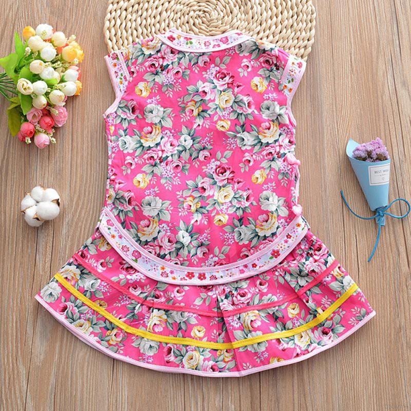 Set áo sát nách + chân váy họa tiết hoa phong cách truyền thống cho bé