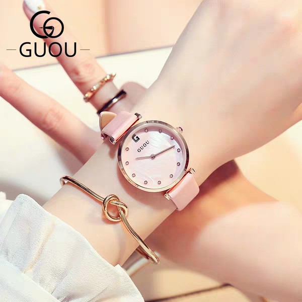 Đồng hồ dây da nữ thời trang chính hãng GUOU mặt đính đã đẹp tinh tế G8187 - Đồng Hồ Nữ Xinh