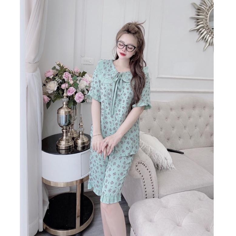 Bộ đồ mặc nhà ngố chất đũi họa tiết hoa nhí