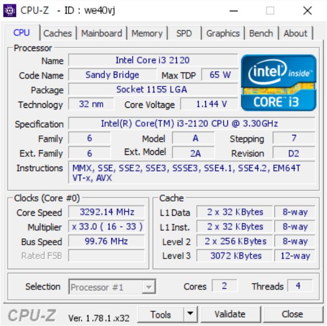 CPU Intel Core i3-2120 chip i3 2120 socket 1155 đời 2