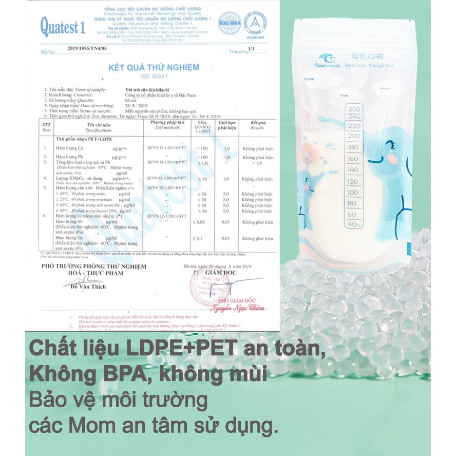 Túi Trữ Sữa Kichilachi.Túi Khóa 2 Ziper Chắc Chắn,Không Bị Rò Sữa , Hình Voi , Dung Tích 250ml , 50 chiếc/hộp !