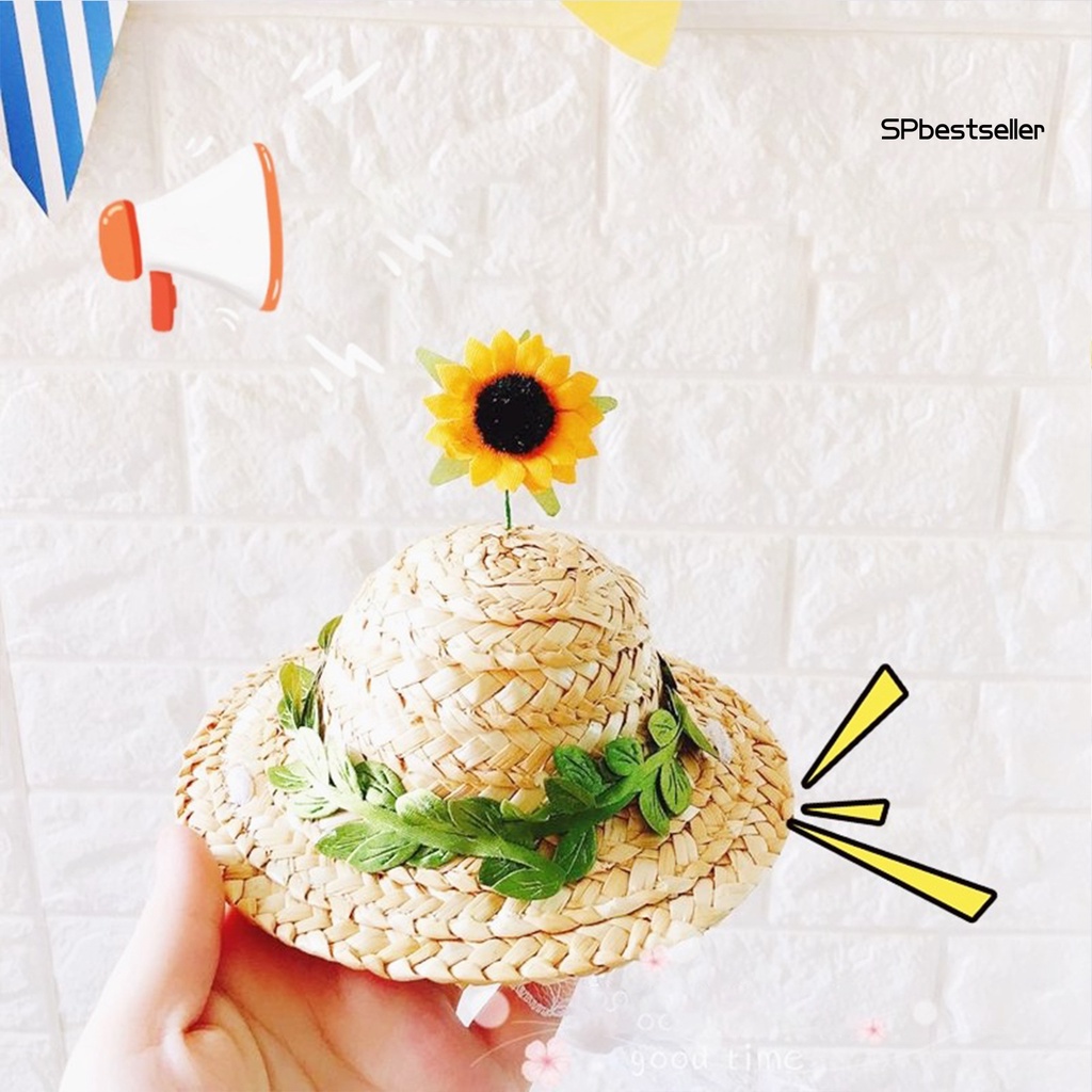 Nón rơm rộng vành đính hoa dễ thương dành cho thú cưng