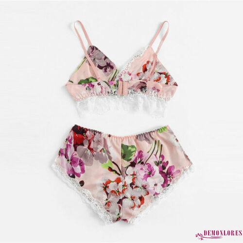 Bộ đồ short ngủ chất liệu vải satin mềm mại trang trí ren hoạ tiết hoa gợi cảm cho nữ