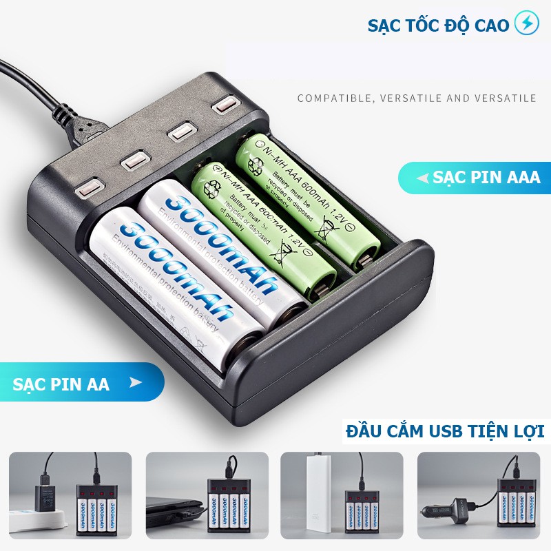 Bộ sạc pin AA/AAA tự ngắt (pin tiểu, pin đũa), Sạc pin thông minh tốc độ cao, đầu vào USB 4 cổng - Bmax - BH904U (đen)