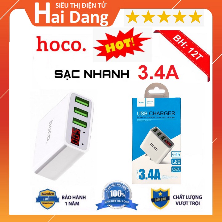 Củ Sạc Củ Sạc Nhanh, 3 Cổng Hoco C15 3.4A - Màn Hình LCD Hiển Thị Điện Áp - Chính Hãng Bảo Hành 12 Tháng