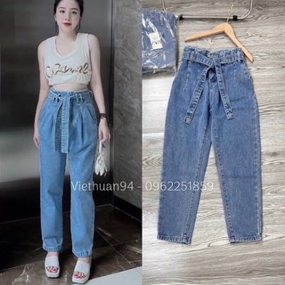 Quần jeans baggy cạp chun co giãn kèm đai