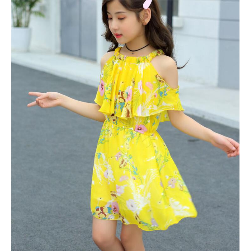 ✨CindyMom✨ Váy Cho Bé Gái - Hoa Văn Màu Vàng - Đầm Voan Dây - Váy Lạnh Vai Cho Bé Gái - Quần áo Bé Gái (13 -36kg)