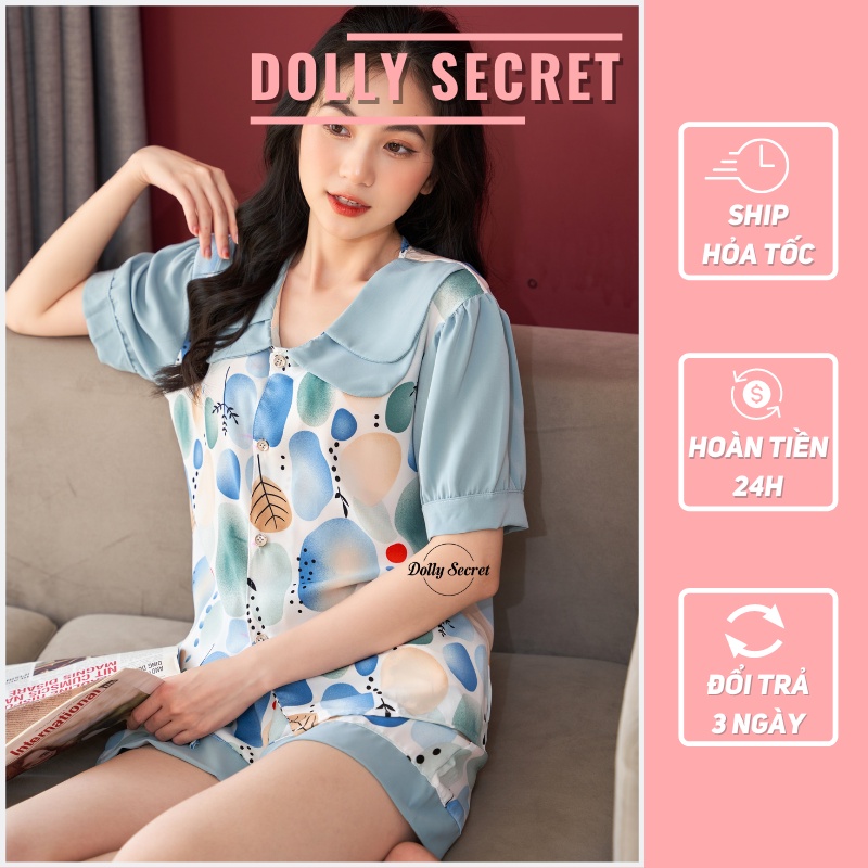Bộ đồ Pijama lụa mango cộc tay bồng quần đùi mặc ở nhà cao cấp cổ 2 lá phong cách Hàn Quốc đáng yêu DOLLY SECRET CC02