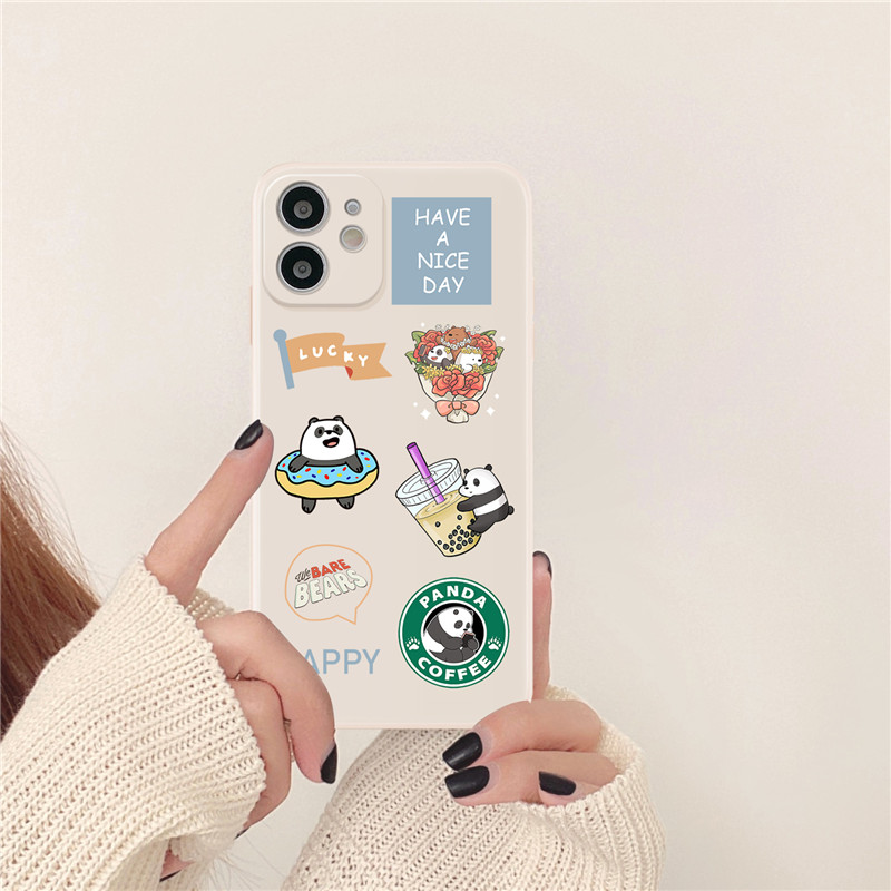 Cartoon Bear Straight Cube Casing for IPhone 11 11Pro 11ProMax 7 8 SE 2020 7Plus 8Plus X XS XR XSmax 12 12Pro 12Promax Full Cover Lens  Matte Soft Cover