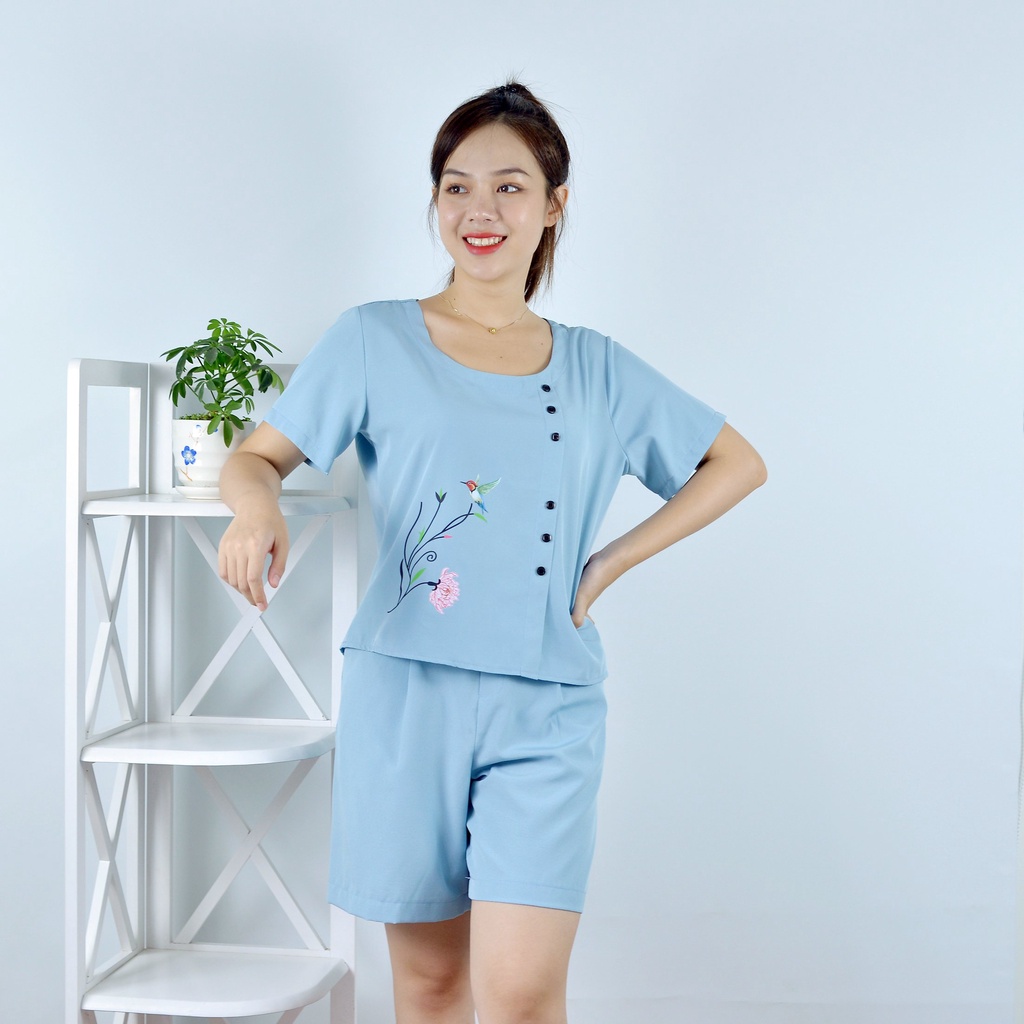 Bộ đồ nữ MÀU XÁM XANH IN HOA THÚ ĐIỂM NHẤN HÀNG NÚT   - vải lụa cao cấp - Cực Kì Sang Chảnh - Qúy phái