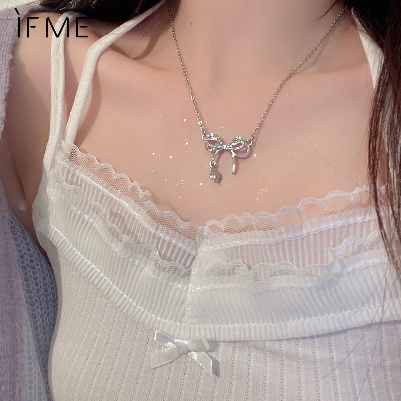 IF ME Vòng Cổ Choker Màu Bạc Mặt Hình Nơ Đính Kim Cương Giả Thanh Lịch Cho Nữ
