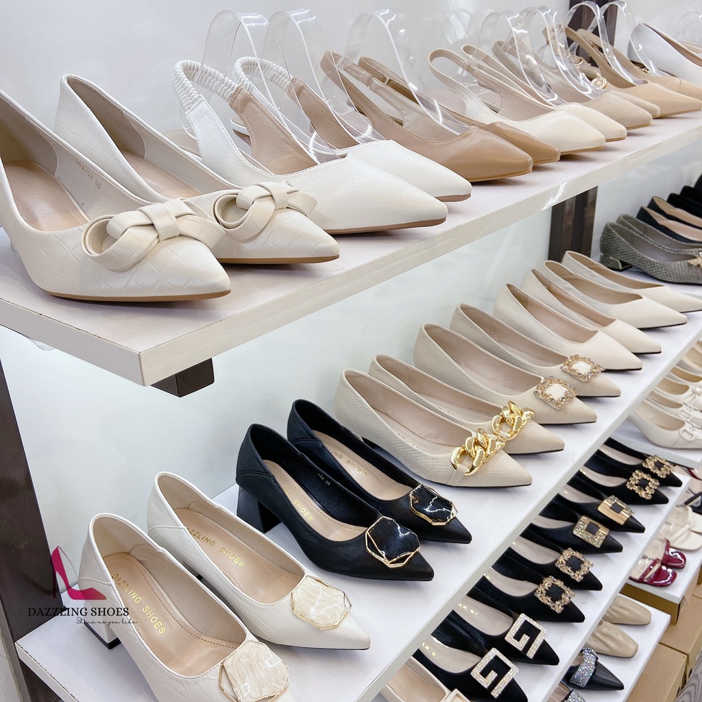 Giày cao gót mũi nhọn, cao 5p charm nơ đá, chất liệu da lộn, kiểu dáng trẻ trung-tiemgiaydazzling DA694