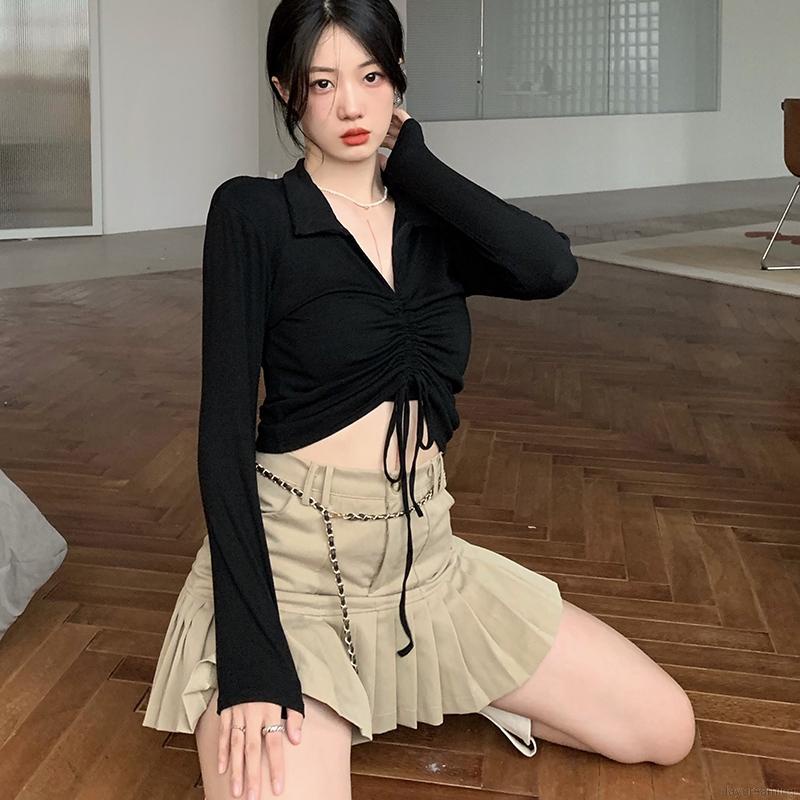 Áo croptop dệt kim tay dài cổ chữ V dây rút thời trang cho nữ