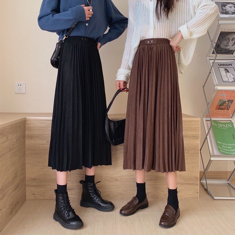 Chân váy da lộn xếp ly cúc bấm dáng dài lên dáng cực kỳ xinh | BigBuy360 - bigbuy360.vn