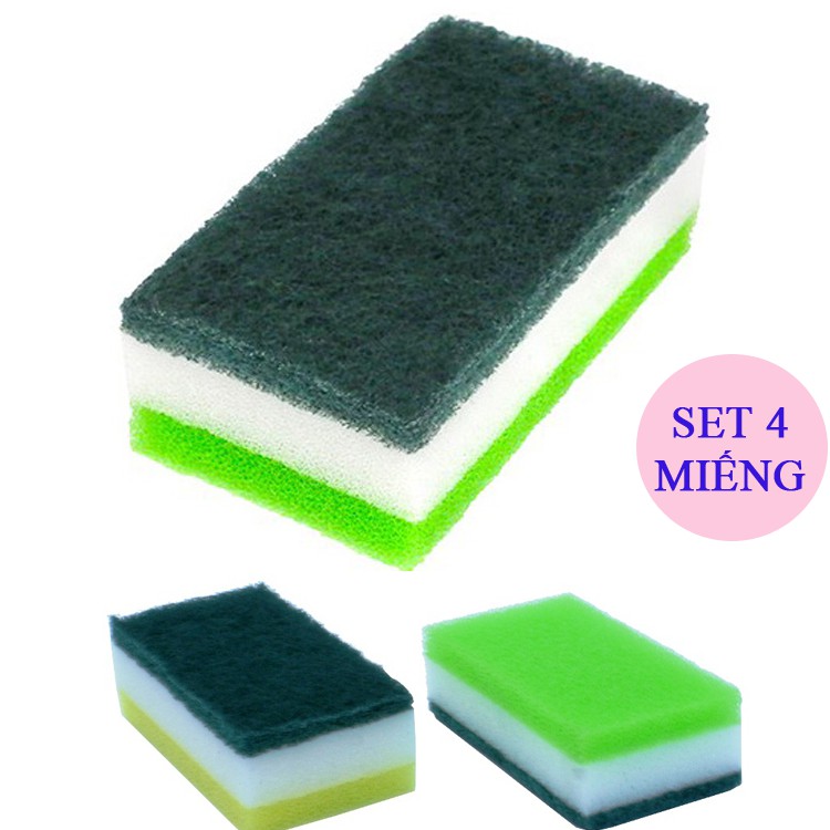 Set 4 miếng xốp rửa bát, xoong chảo KOKUBO Nhật Bản 1 mặt xốp mềm, 1 mặt cứng