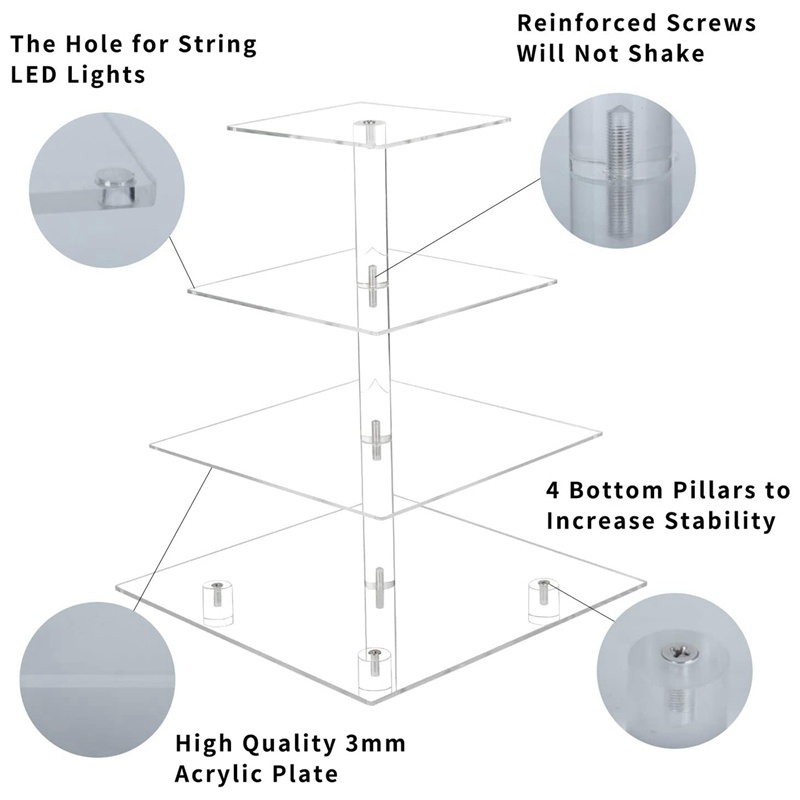 Tháp Đứng Trưng Bày Bánh Cupcake 4 Tầng Bằng Acrylic Có Đèn LED Cho Đám Cưới