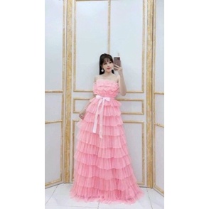 Váy Maxi Tầng Lưới tiểu thư voan tơ 2 dây Có Mút Ngực - đầm Nữ trễ vai công chúa phong các