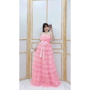 [Mã G5SHOP30 giảm 30K đơn 47K]Váy Maxi Tầng Lưới tiểu thư voan tơ 2 dây Có Mút Ngực - đầm Nữ trễ vai công chúa phong các