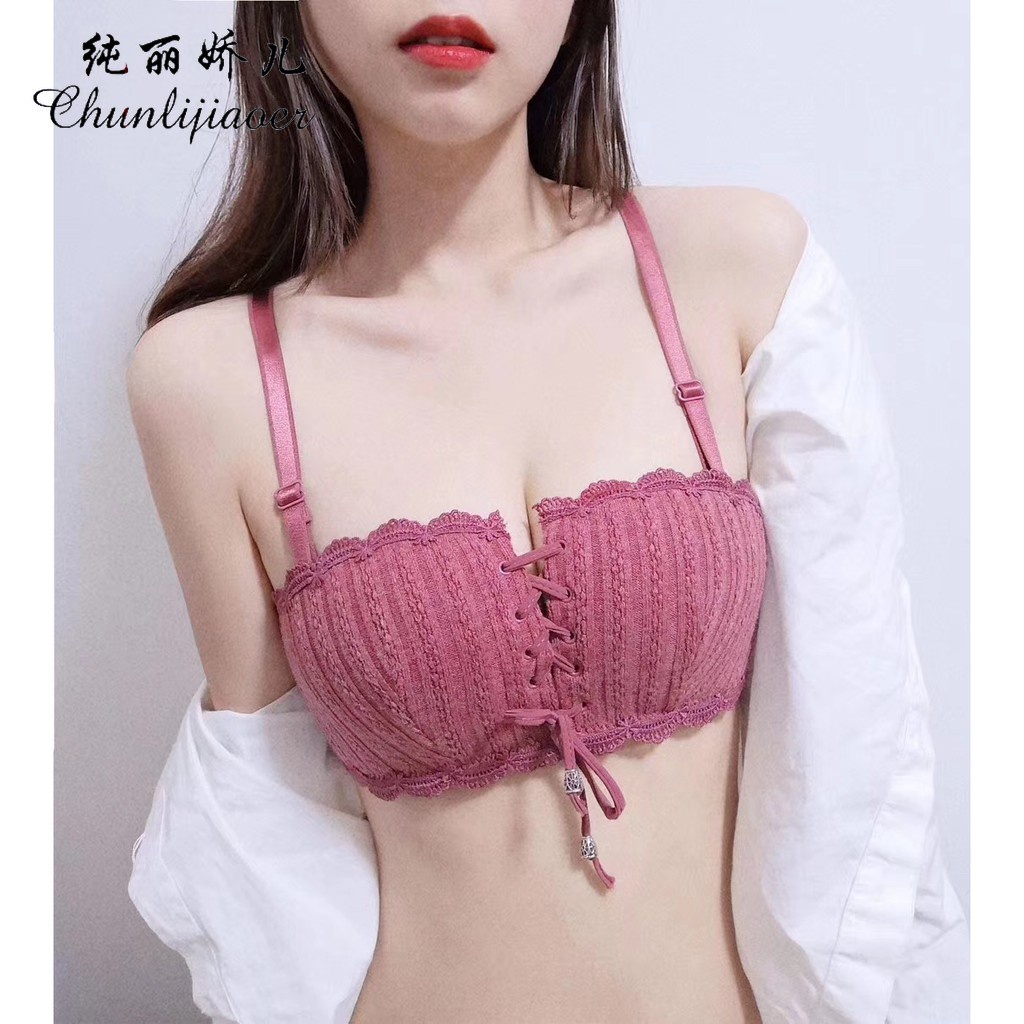 Pure Li Jiao Er New Deep V Sexy Tam giác có thể điều chỉnh Cúp / Cúp bốn góc Tùy chọn, Ngực tập trung, Không có vòng thép lên trên Đồ lót, Đồ lót ren tinh tế của phụ nữ có nhiều ngực, Đồ lót có nút phía trước