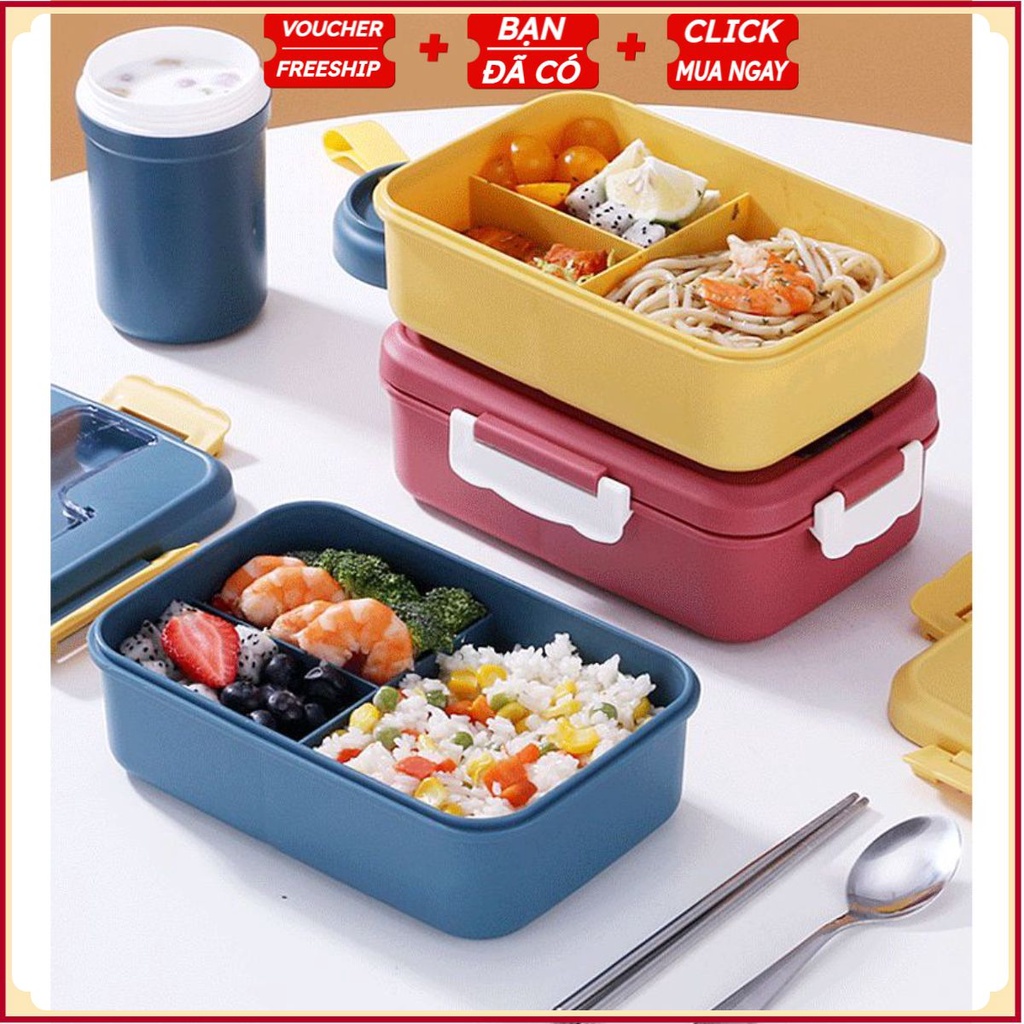 [Có Giấy Kiểm Định] Hộp Đựng Cơm Giữ Nhiệt Ăn Trưa Văn Phòng 3 Ngăn - Nhựa/Lúa Mạch- Kèm Đũa Thìa - Sử Dụng Lò Vi Sóng