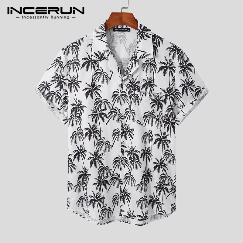 INCERUN Áo Sơ Mi Nam Ngắn Tay Cài Khuy In Hình 3 Lỗ Coplors Thời Trang Đi Biển